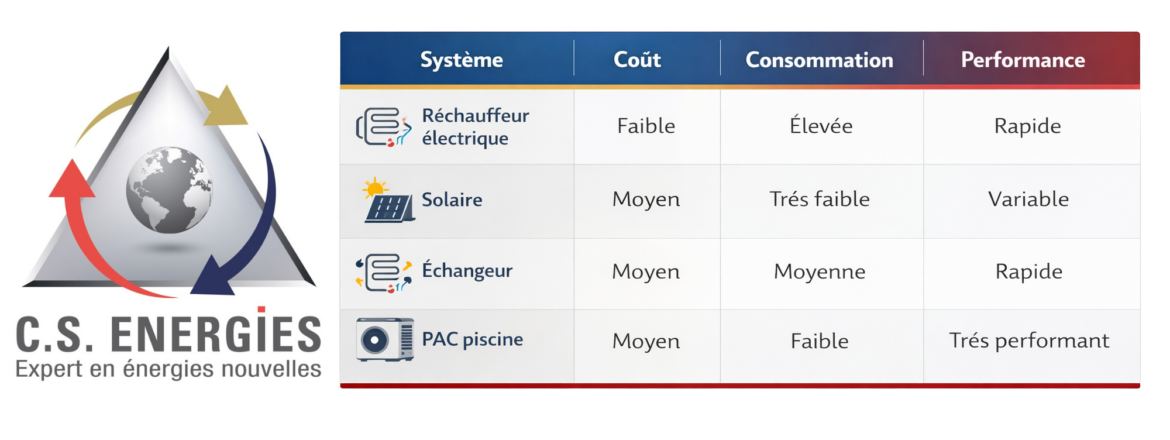 tableau comparatif des différents systèmes chauffage piscine