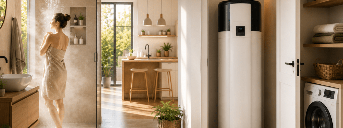 Illustration d'un chauffe-eau thermodynamique dans une maison moderne produisant l'eau chaude sanitaire pour la salle de bain et la cuisine.