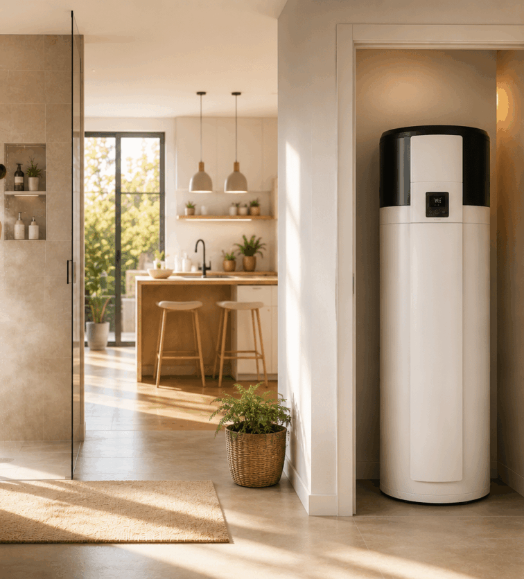 Illustration d'un chauffe-eau thermodynamique dans une maison moderne produisant l'eau chaude sanitaire pour la salle de bain et la cuisine.