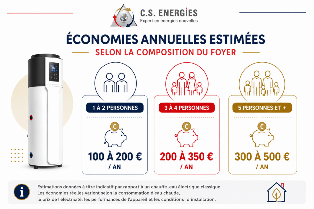 Économies annuelles estimées avec un chauffe-eau thermodynamique selon la composition du foyer
